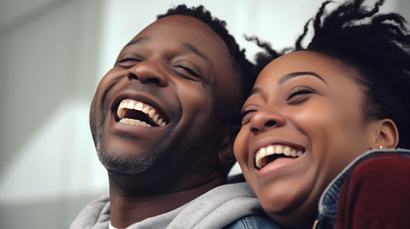 Closeup portrait of happy african american man and woman laughingの素材