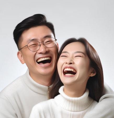 Portrait of happy asian couple laughing and looking at camera.の素材