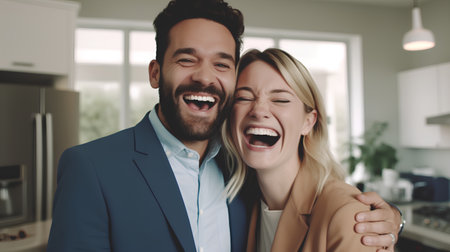 Portrait of a happy young couple laughing together in the kitchen at homeの素材