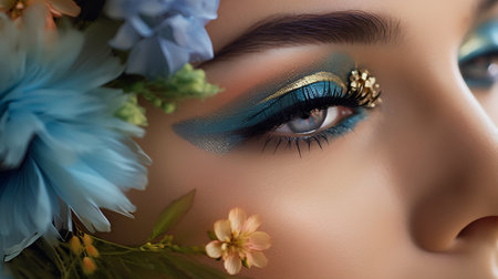Close up portrait of a beautiful young woman with blue eye makeup and flowersの素材