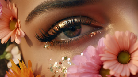 Close-up shot of beautiful woman's eye with bright makeup.の素材