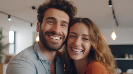 Portrait of a happy young couple in love looking at camera and smilingの素材