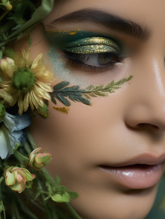 Close-up portrait of a beautiful young woman with creative make-up and flowersの素材