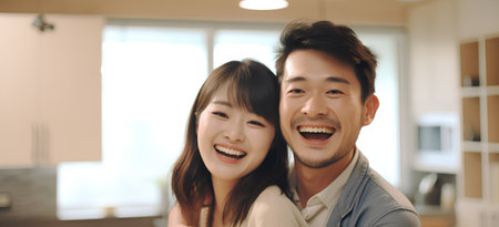 Happy asian young couple hugging and smiling in the kitchen at homeの素材