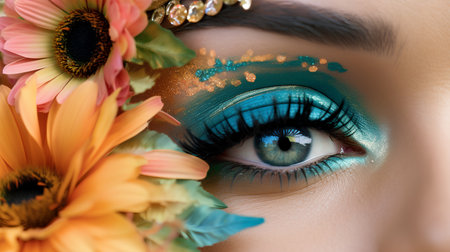 Close-up portrait of beautiful woman's eye with floral make-upの素材