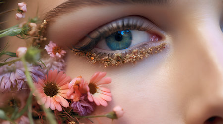 Close-up portrait of a beautiful girl with flowers in her hairの素材