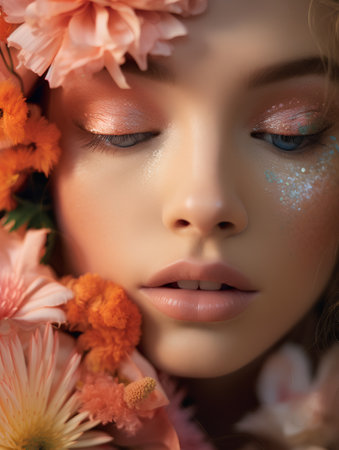 Close-up portrait of a beautiful girl with flowers in her hairの素材
