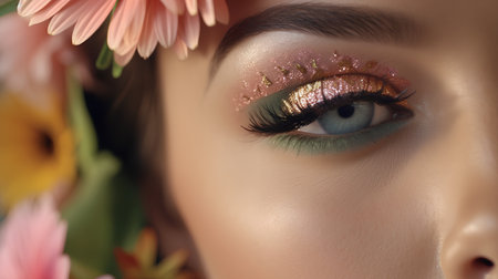 Closeup portrait of a beautiful girl with makeup and flowers in her hairの素材