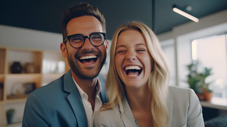 Portrait of a happy business couple laughing together in the office.の素材