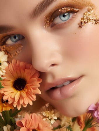 Beautiful young woman face close up with flowers. Perfect skin.の素材