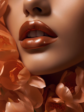 Beautiful woman lips with red lipstick and peony flowers, closeupの素材