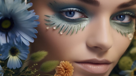 Close-up portrait of beautiful young woman with fantasy makeup and flowersの素材