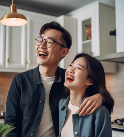 Happy asian couple hugging and laughing in the kitchen at home.の素材