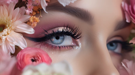 Closeup portrait of young beautiful woman with long eyelashes and pink flowersの素材