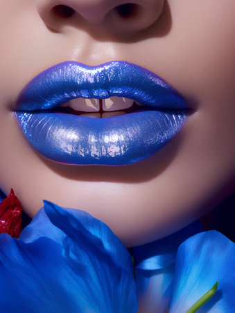 Beautiful blue lips with flower petals close-up. Beauty, fashion.の素材