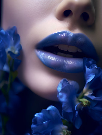 Beautiful young woman with blue flowers. Beauty, fashion. Makeup.の素材