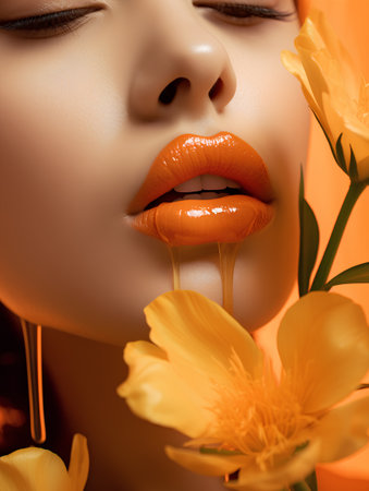 Beautiful woman with yellow lips and flowers. Beauty face. Photo taken in the studio.の素材