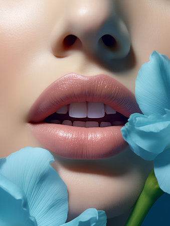 Beautiful female lips with blue and turquoise flowers, closeupの素材