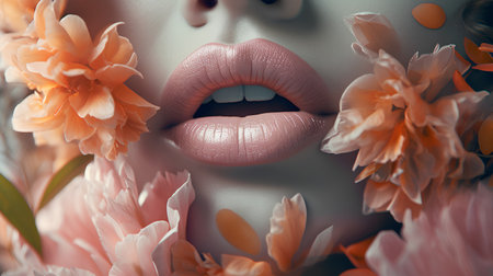 Beautiful woman lips with bright makeup and flowers. Beauty, fashion. Close-up.の素材