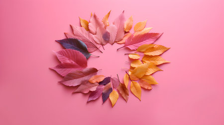 Autumn composition. Wreath made of autumn leaves on pink background. Flat lay, top view, copy spaceの素材