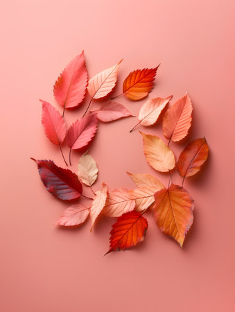Autumn composition. Frame made of autumn leaves on pink background. Flat lay, top view, copy spaceの素材