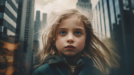 Portrait of a beautiful little girl with blond hair in the cityの素材