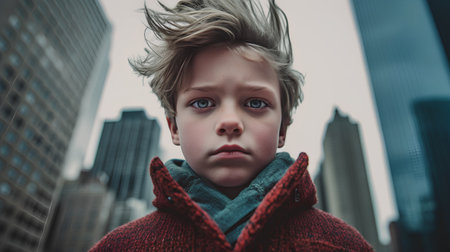 Young boy in a red coat on the background of skyscrapersの素材