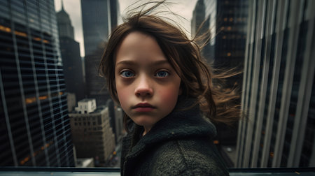Portrait of a beautiful young girl with long hair in the cityの素材