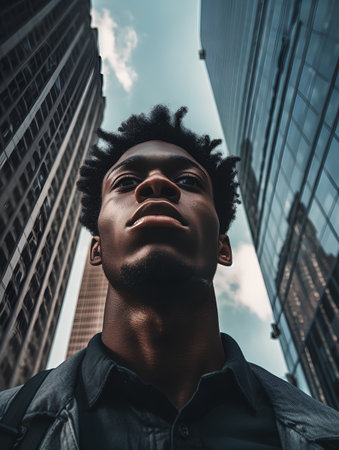 Young african american man with afro hairstyle against skyscrapersの素材