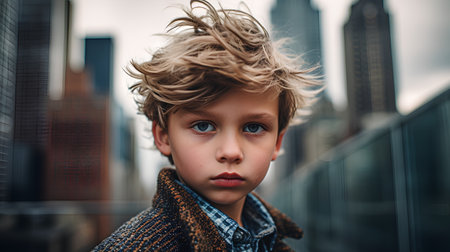 Portrait of a boy with blond curly hair in the city.の素材
