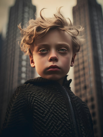 portrait of a boy with blond hair in the city streets.の素材