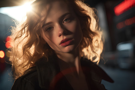 Portrait of a beautiful young woman in a black coat on the street at sunsetの素材
