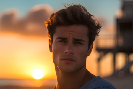 Portrait of a young handsome man at sunset on the beach.の素材
