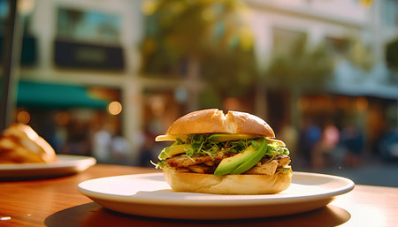 Sandwich with chicken, avocado and cheese on a white plate.の素材