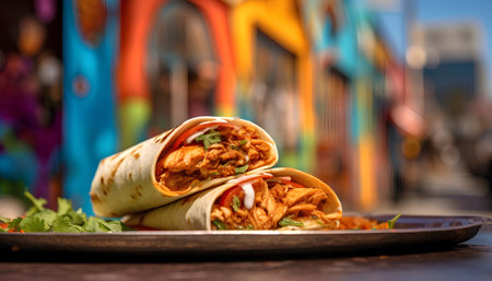 Traditional mexican burrito with chicken, cheese and vegetables on a plateの素材