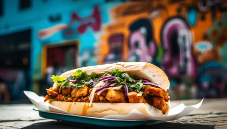 Tasty mexican chicken sandwich with onion and cilantro.の素材