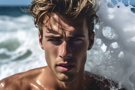 Close up portrait of handsome young man with wet hair and wet skin in sea water.の素材