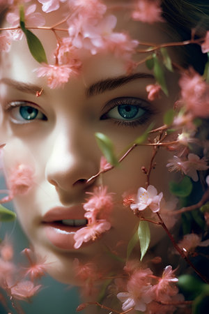 Portrait of a beautiful young woman surrounded by pink sakura flowersの素材