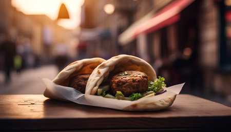 Tasty falafel in pita bread on a wooden tableの素材