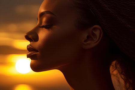 Portrait of beautiful woman with closed eyes on a sunset background.の素材