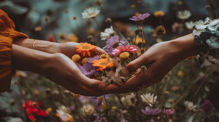 Hands of a young woman holding a bouquet of wildflowersの素材