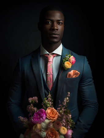 Portrait of handsome african man in suit with bouquet of flowersの素材