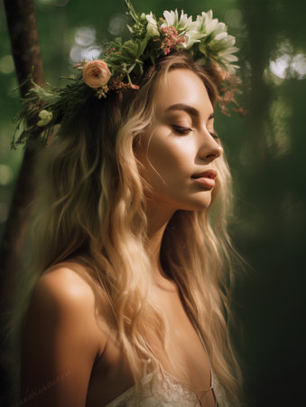 Beautiful young woman with a wreath of flowers on her headの素材