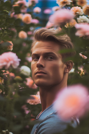 Portrait of a handsome young man with blond hair in a blue shirt on a background of flowersの素材