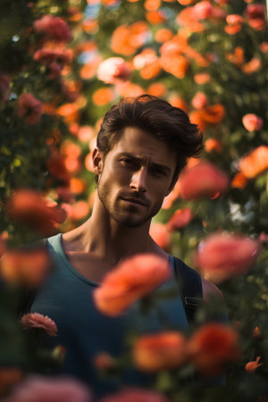 Portrait of young handsome man in rose garden, summertime.の素材