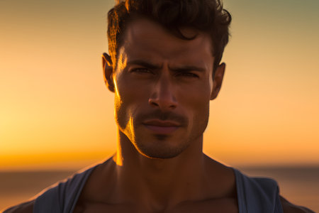 Portrait of a young handsome man on the beach at sunset.の素材