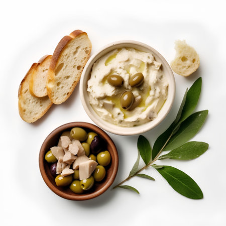 Bowl of hummus with olives, feta cheese and bread on white backgroundの素材