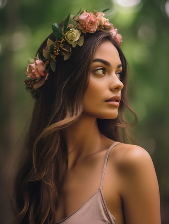 Beautiful young woman with flowers in her hair. Beauty, fashion.の素材