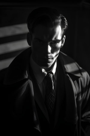 Portrait of a handsome man in a black coat. Black and white photo.の素材