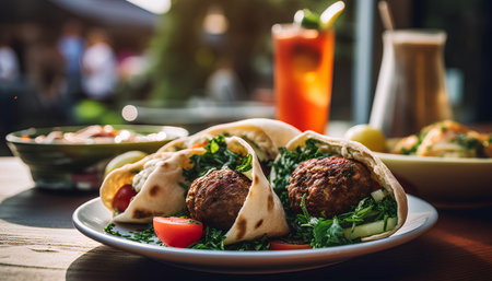 Tasty falafel with arugula salad and tomato on plateの素材